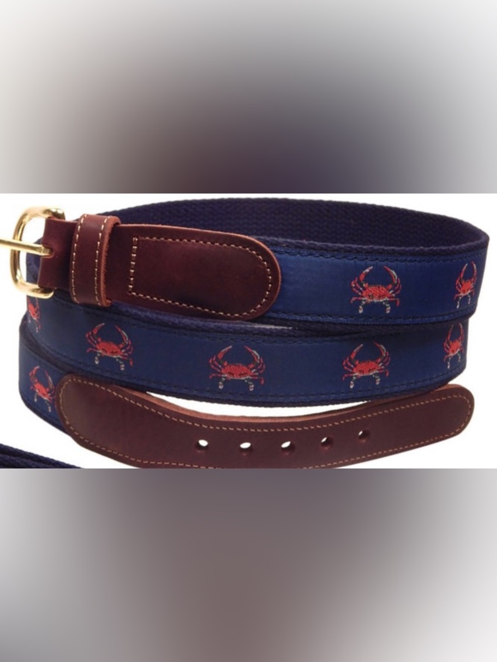 Brand New-Preston Leather "Red Crab on Navy" Leather Tab Belt